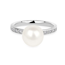 Zlatý dámský prsten DF 2659 z bílého zlata, sladkovodní perla s diamanty