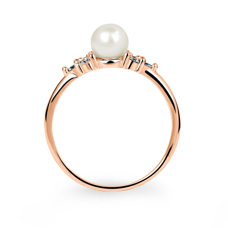 Zlatý dámský prsten DF 2549 z růžového zlata, sladkovodní perla s diamanty